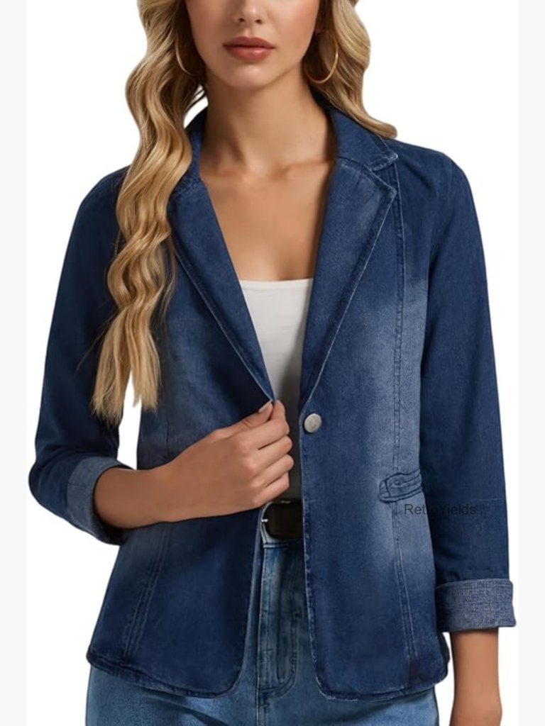 Long Sleeve Denim Blazer Jacket Button Front Fitted Office Work Layers
